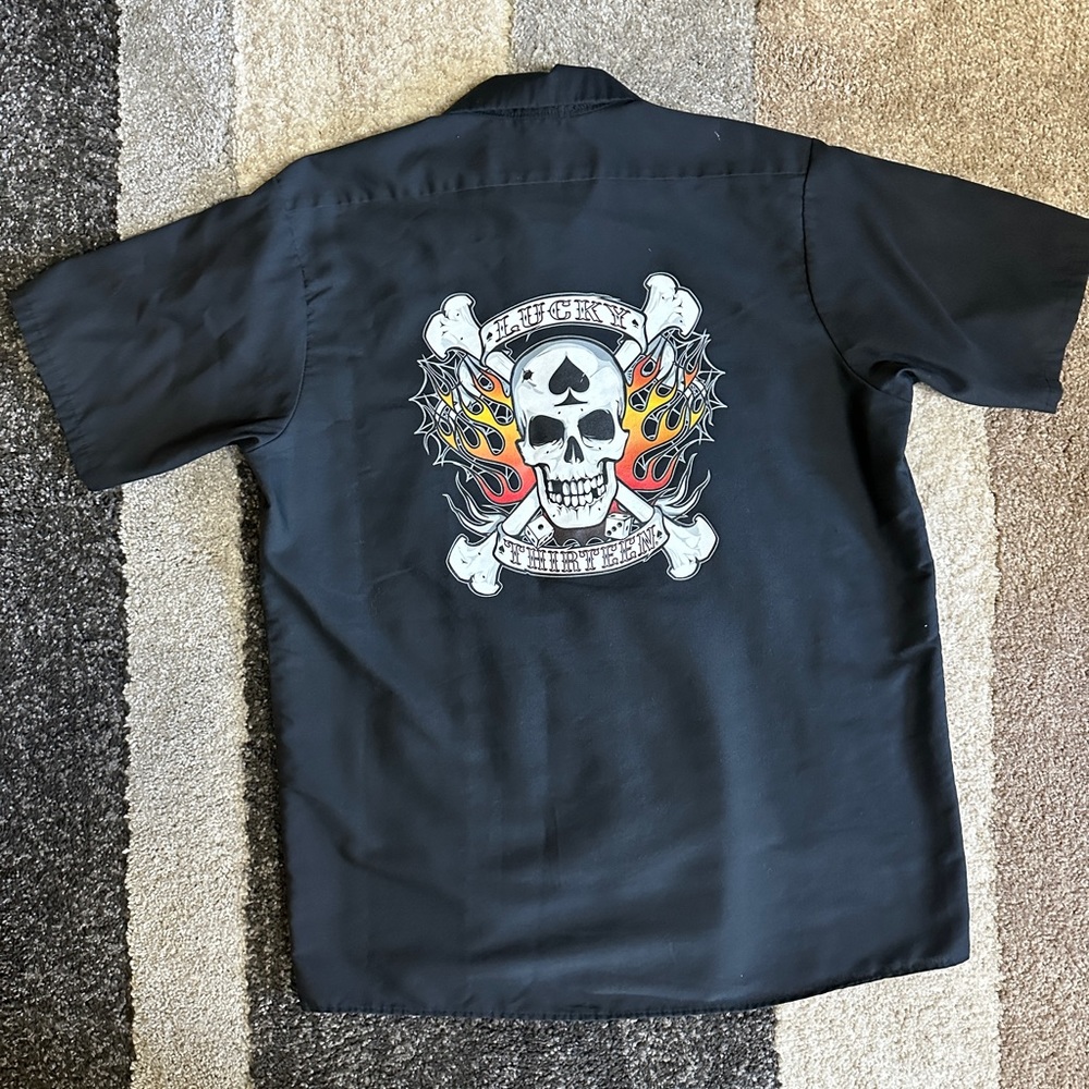 Vintage Lucky 13 Red Kap Skull & Flames Back Printed Mechanic's Shirt Sz…